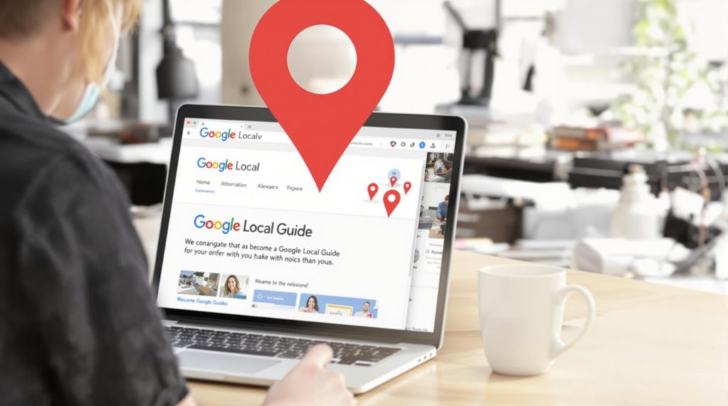 Person using laptop with Google Local Guide.