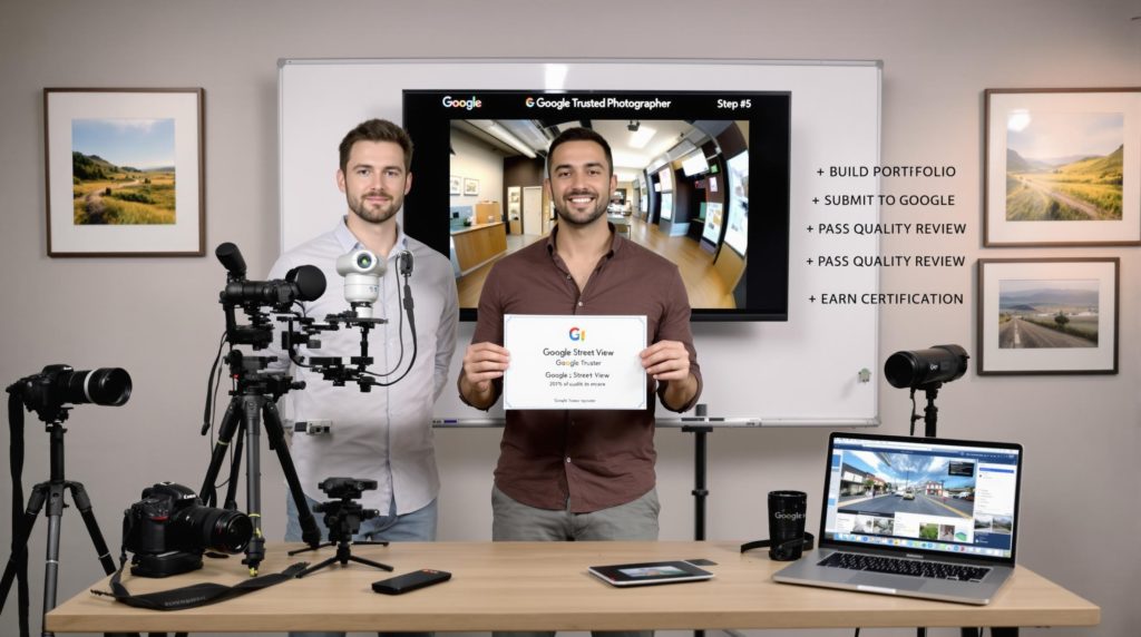 Photographers showcasing Google Street View certification process.
