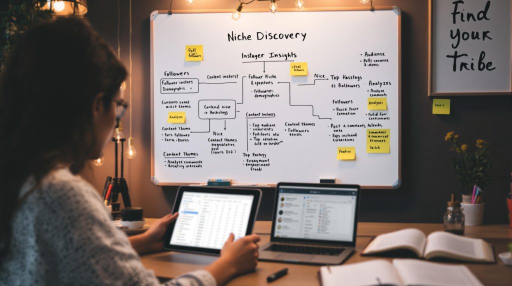 Person analyzing niche insight strategy on whiteboard.