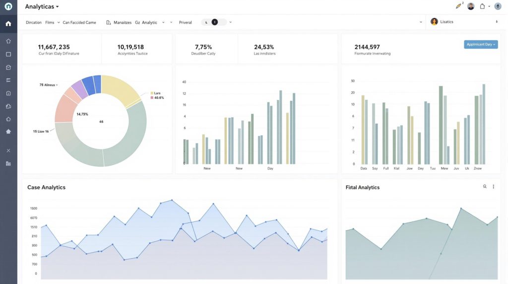 Dashboard with various analytics and data charts.