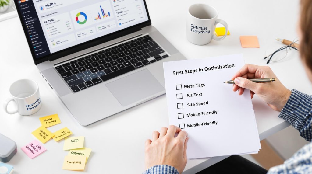 SEO optimization checklist with laptop and notes