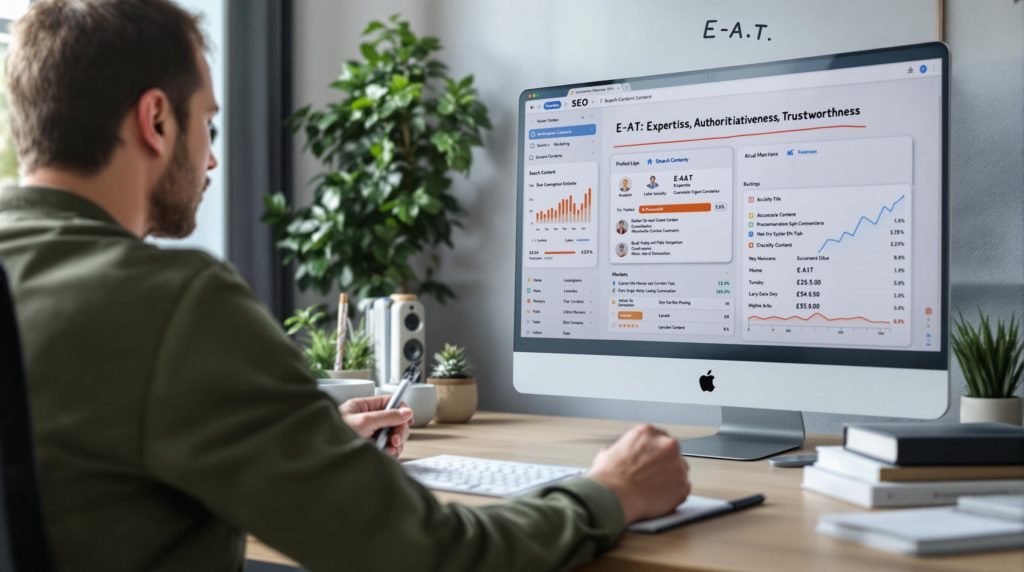 Person analyzing E-A-T SEO data on computer screen.