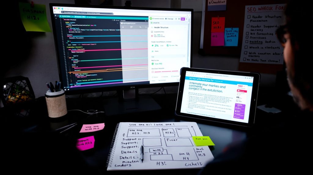 Desk with monitors, code, and SEO notes.
