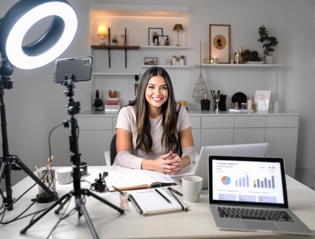 Woman recording video in professional home office setup.
