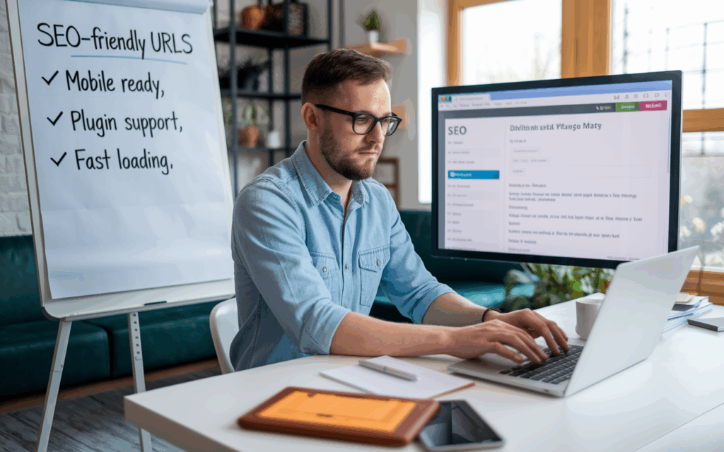 Man working on SEO, computer and checklist visible.