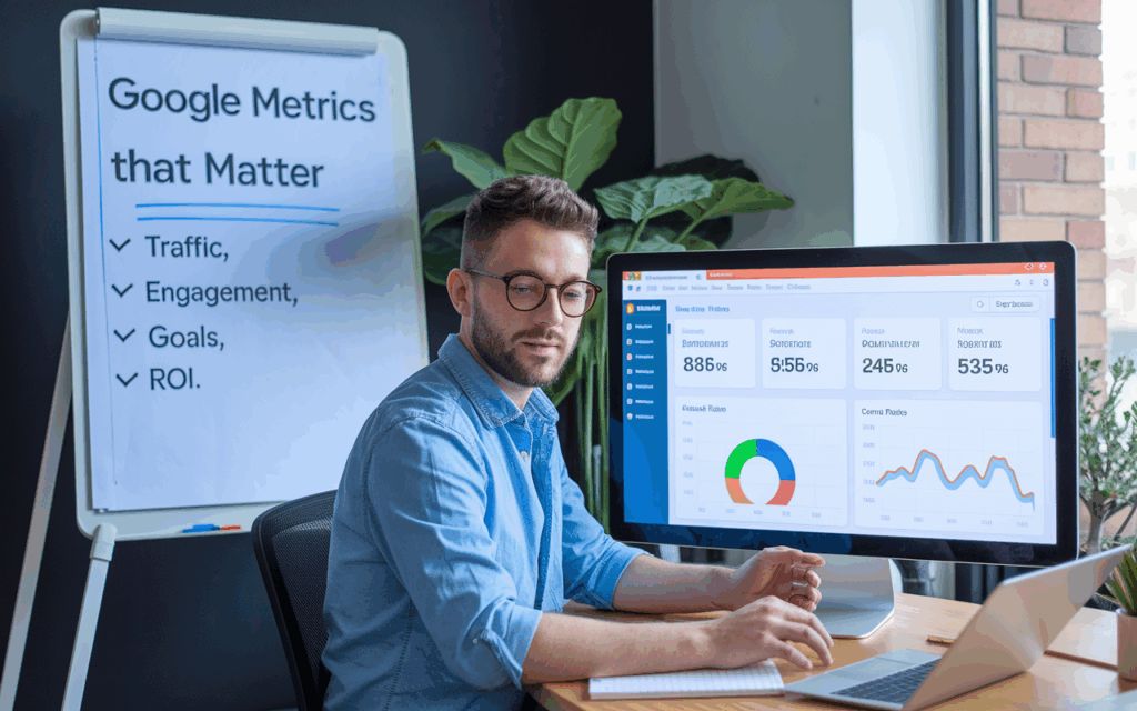Man analyzing Google metrics on computer screen.