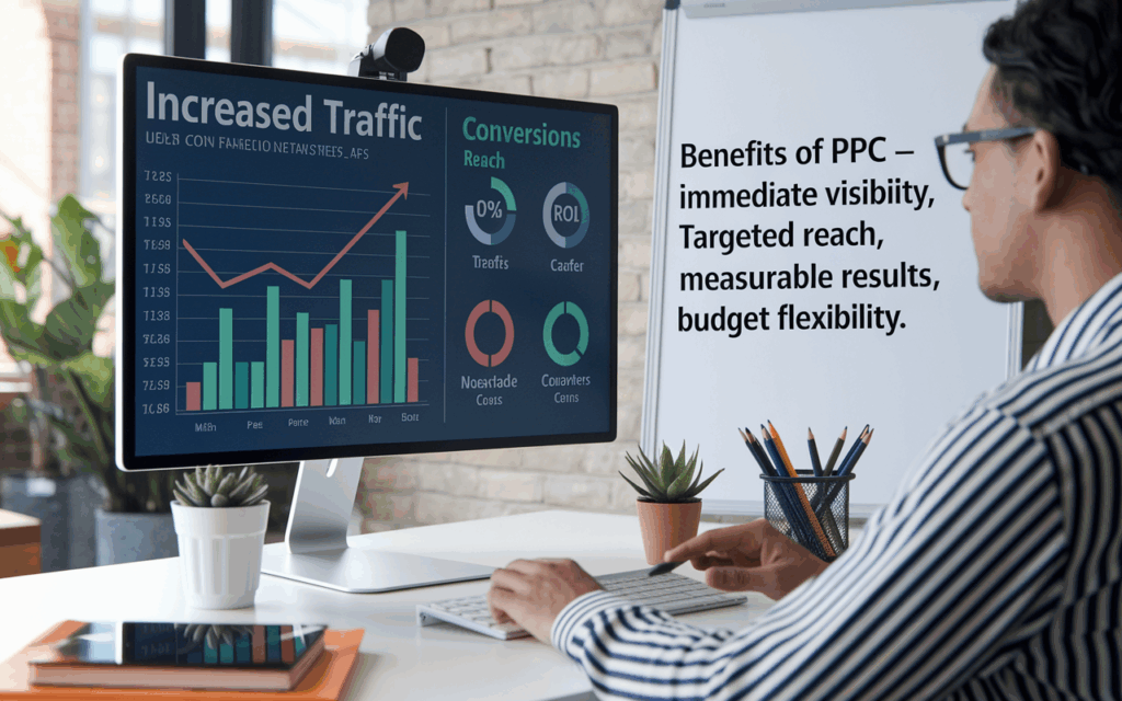 Man analyzes PPC benefits on computer screen chart.