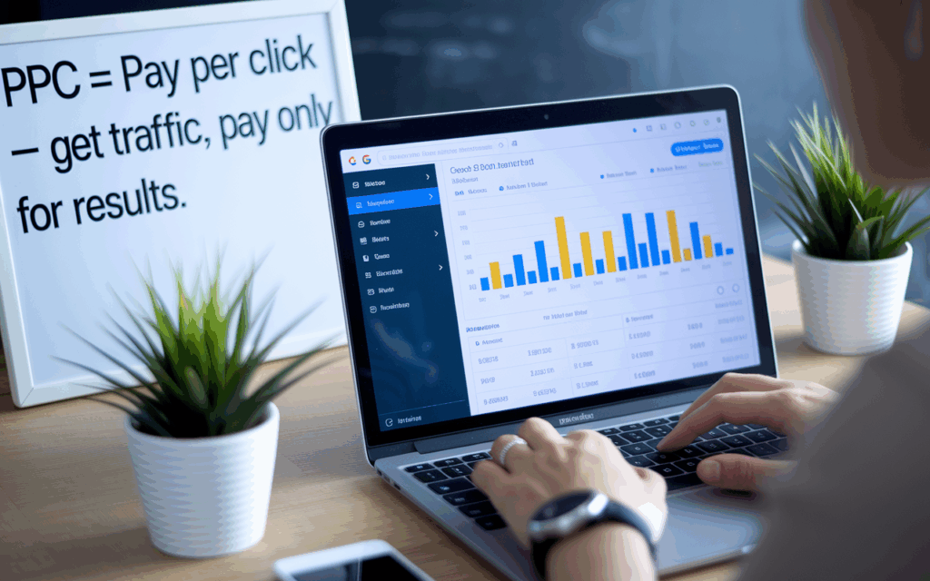 Person analyzing PPC data on laptop screen.