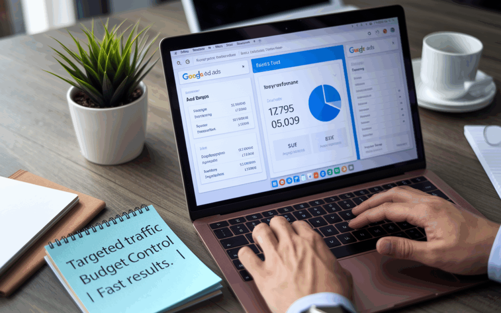 Person managing digital ad campaign on laptop.