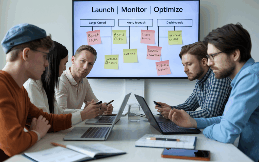 Team discusses project strategy with flowchart on screen.