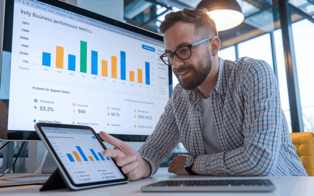 Man analyzing business metrics on tablet and computer.