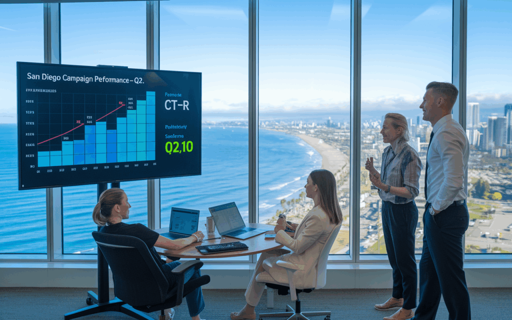 Team analyzing Q2 campaign performance data on screen.