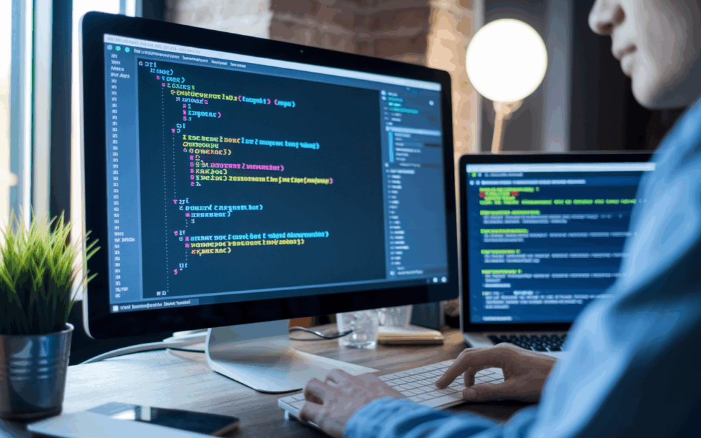 Person coding on dual monitors in office workspace.