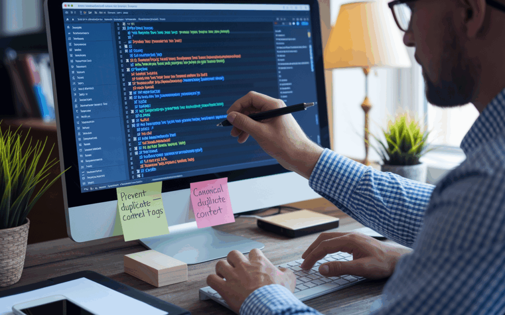 Man coding on computer with SEO notes.