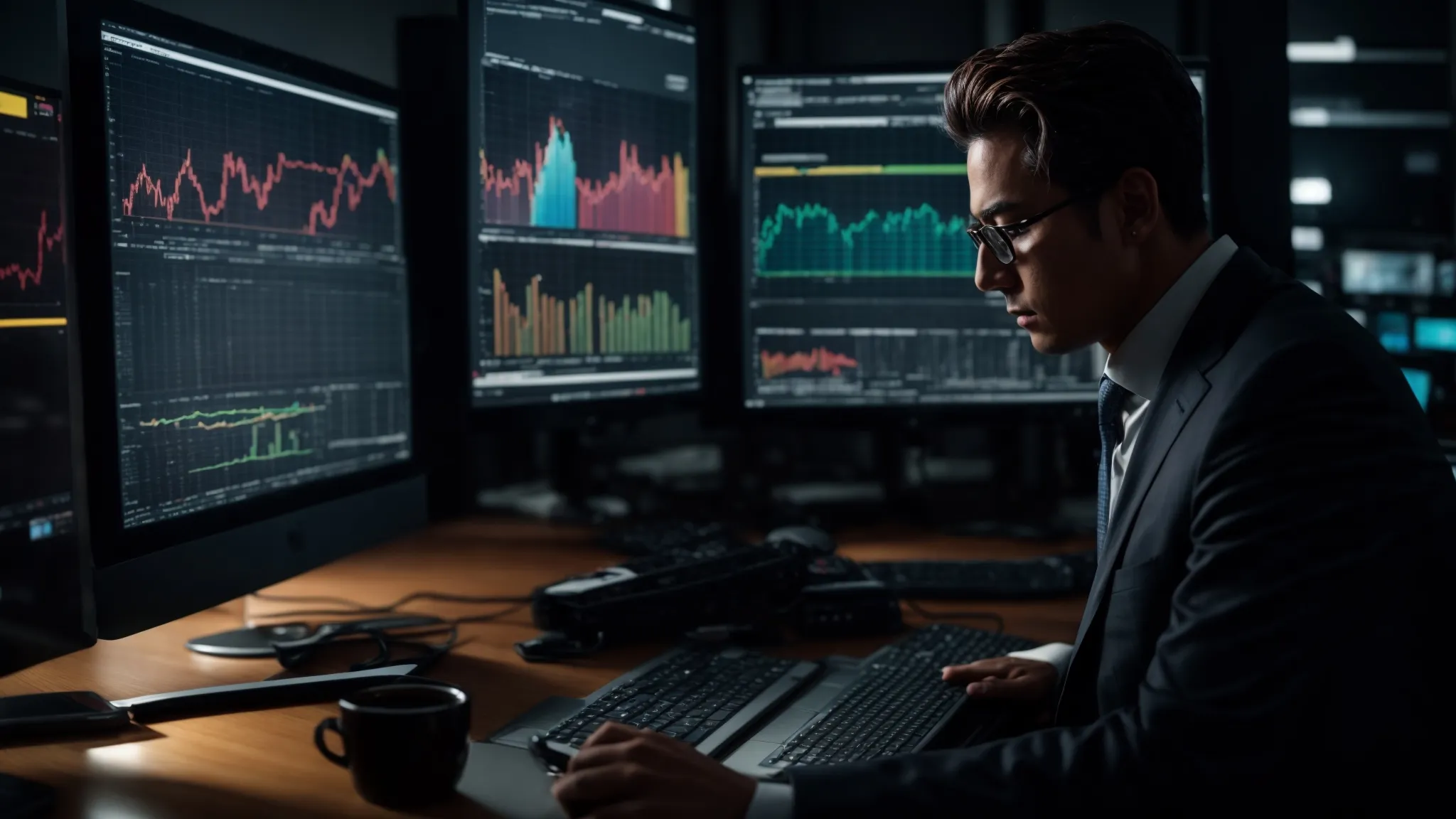 a business professional analyzes charts and graphs on a computer screen, interpreting the data to assess investment returns.