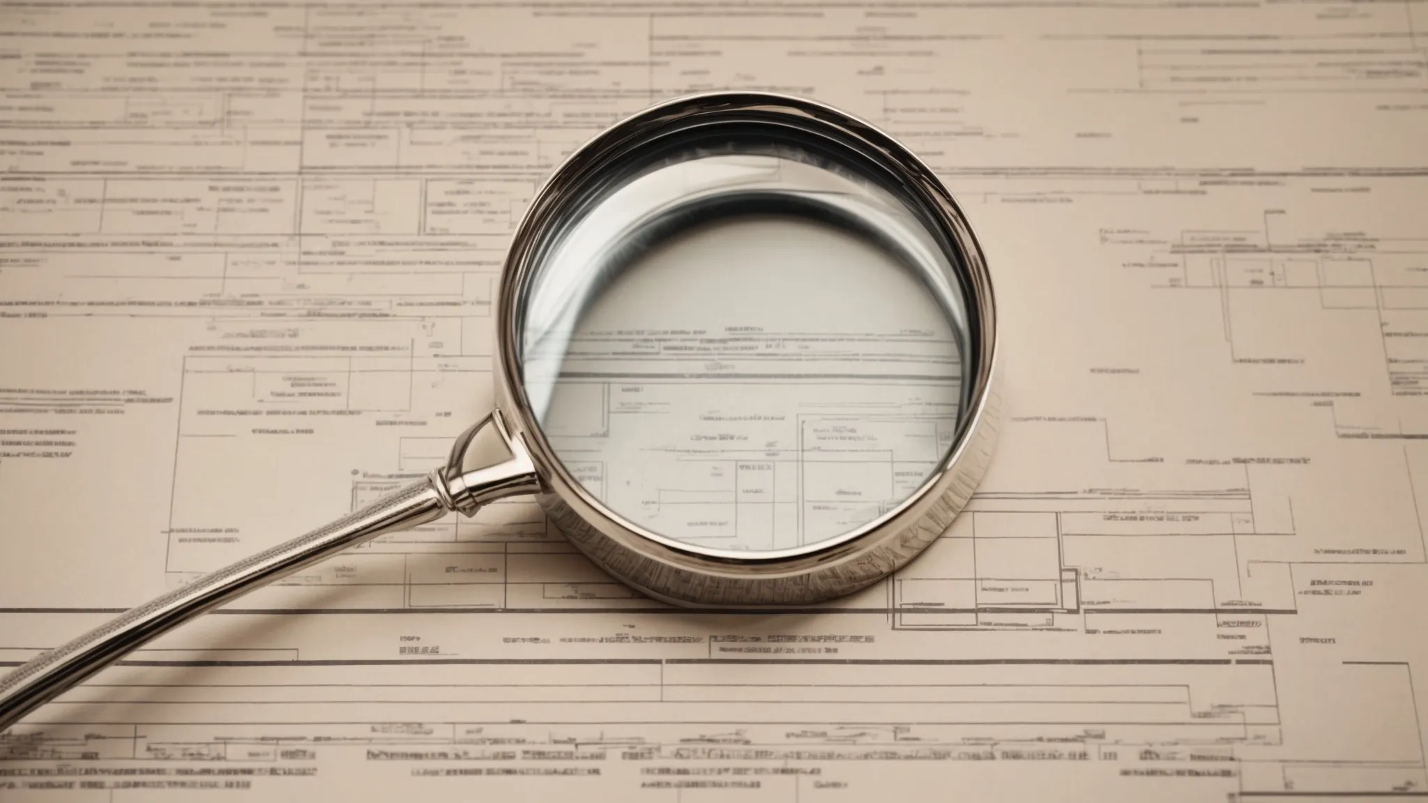 a magnifying glass hovering over a neatly organized blueprint of a website layout on a desk.