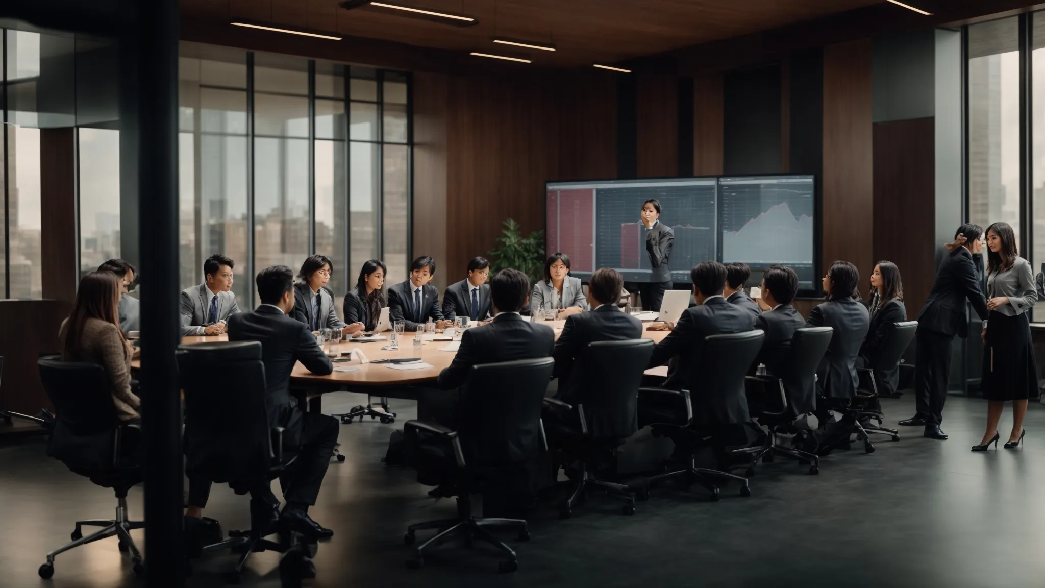 a group of marketing professionals gathered around a conference table, intently analyzing graphs and charts displayed on a large monitor.