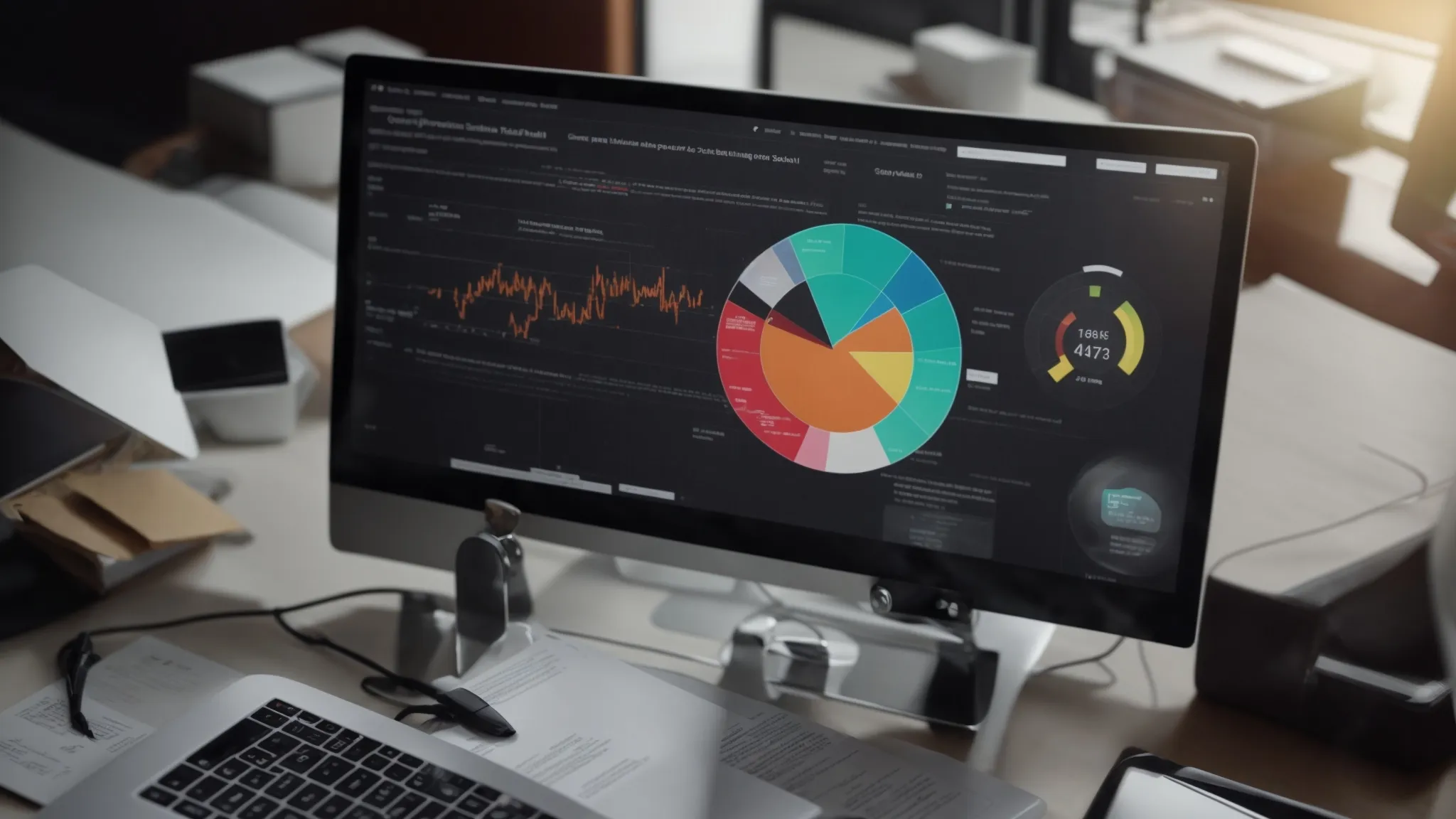 a computer screen displays a complex seo dashboard highlighting various optimization strategies, surrounded by notes and a digital marketing plan.