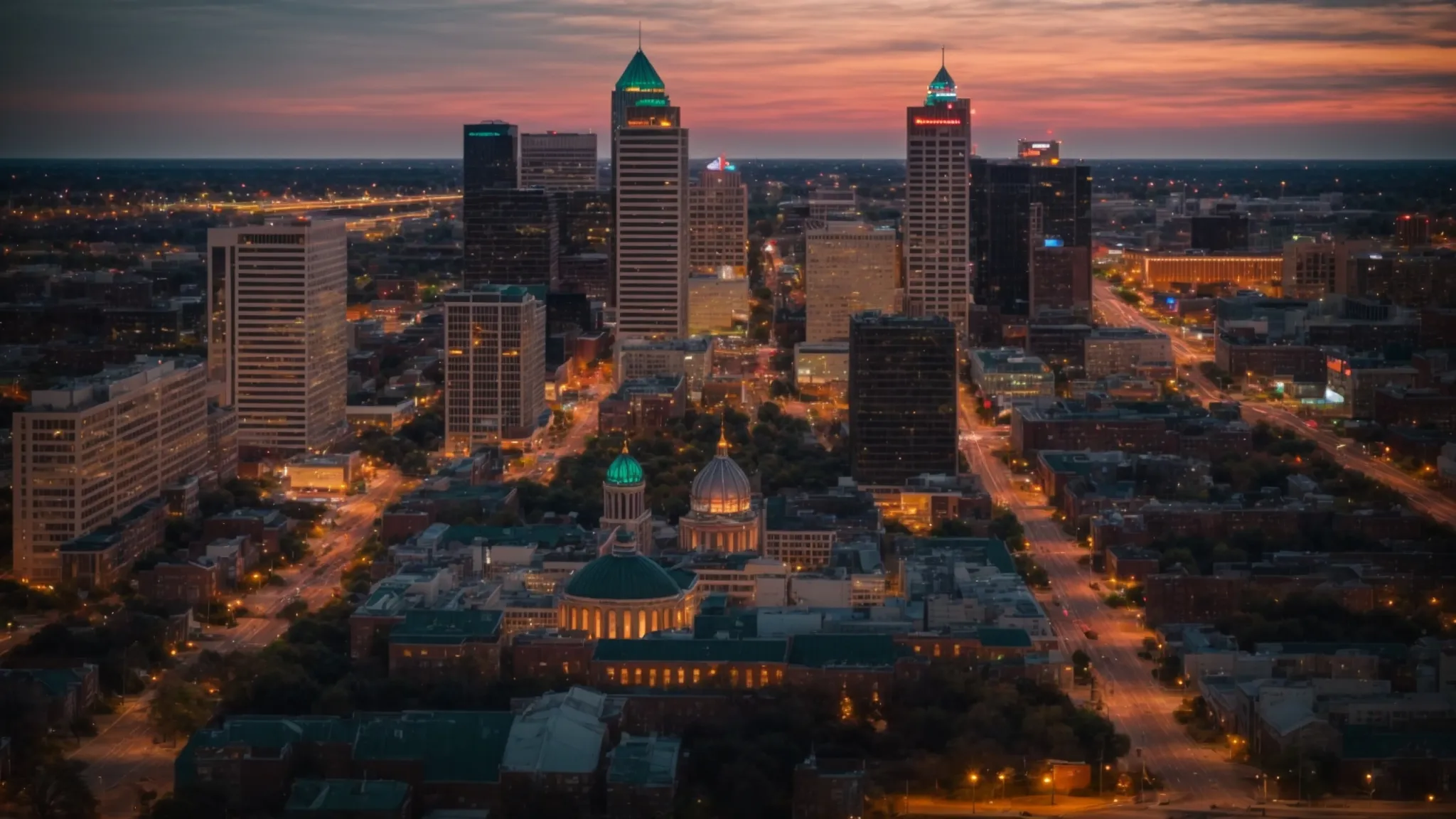 a skyline view of indianapolis at sunset, highlighting the digital glow of the city as a backdrop to the vibrant local scene.