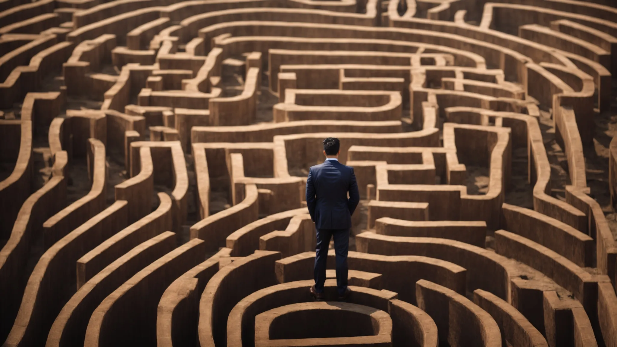 a businessman standing at the foot of a towering maze, looking up, symbolizes the journey of overcoming obstacles in custom reporting.