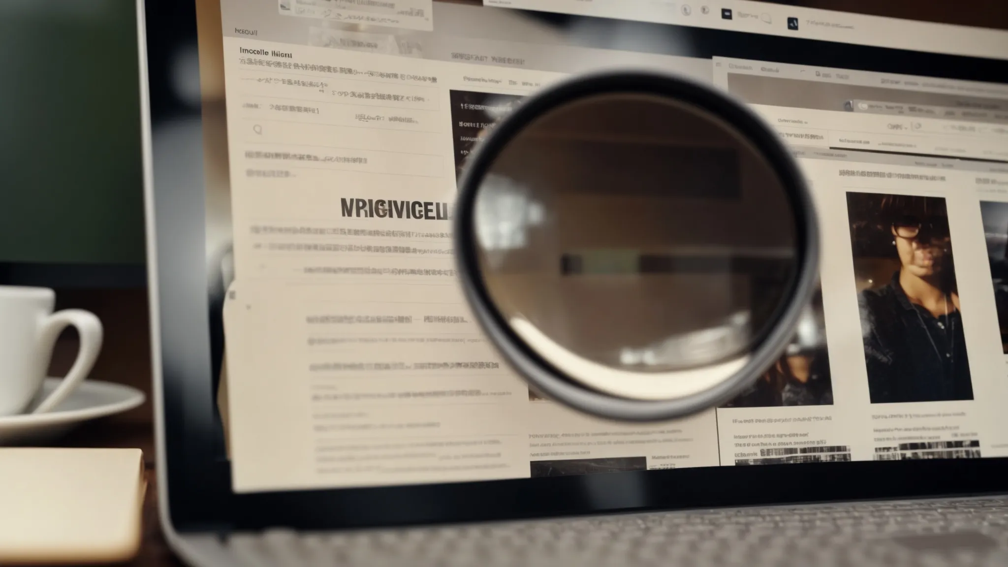 a close-up of a magnifying glass hovering over a computer screen displaying a webpage, without showing specific details.