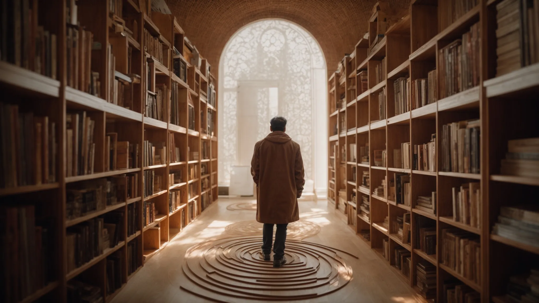 a sculptor meticulously carving a path through a labyrinthine library, guiding visitors with invisible threads.