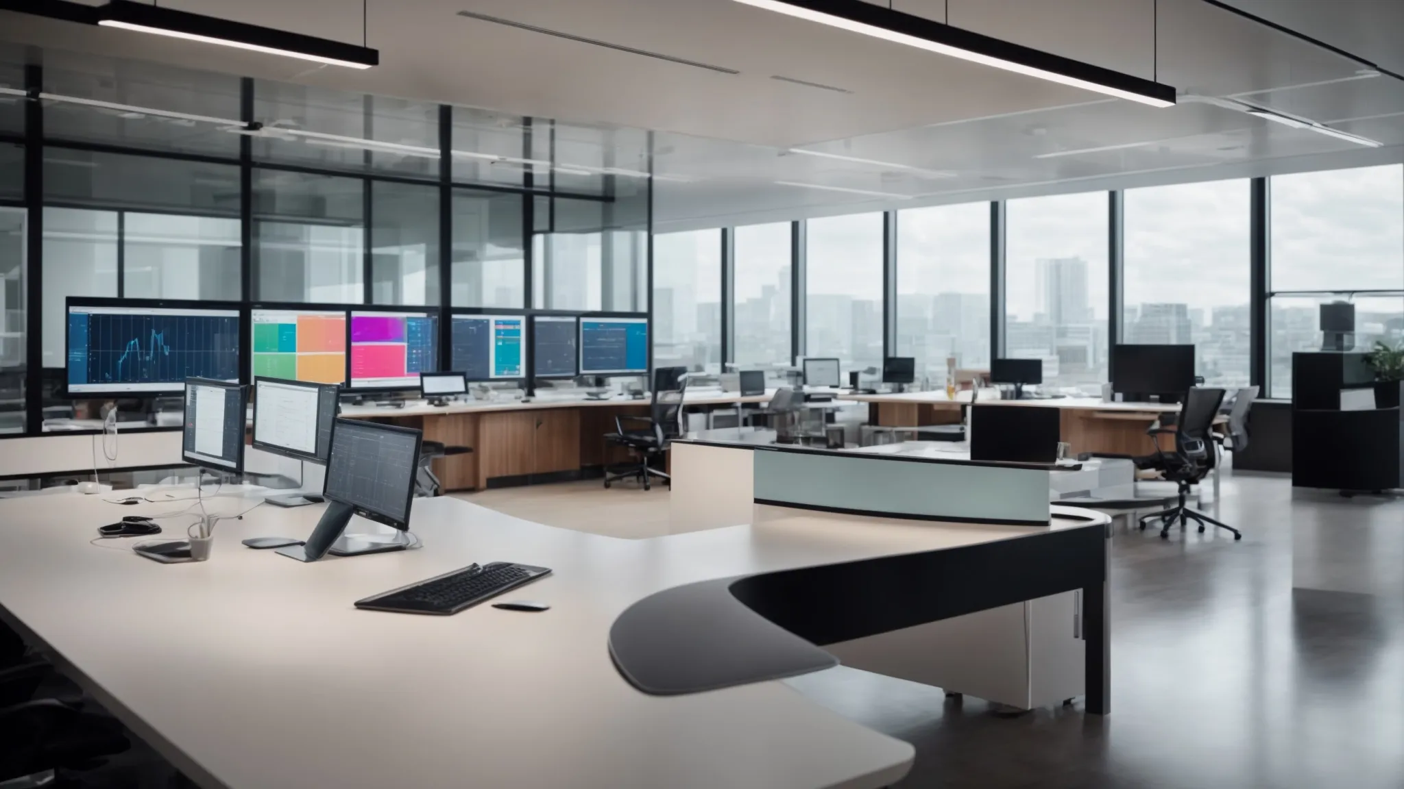 a sleek, modern office with a large, transparent touchscreen displaying colorful charts and interactive data visualizations.