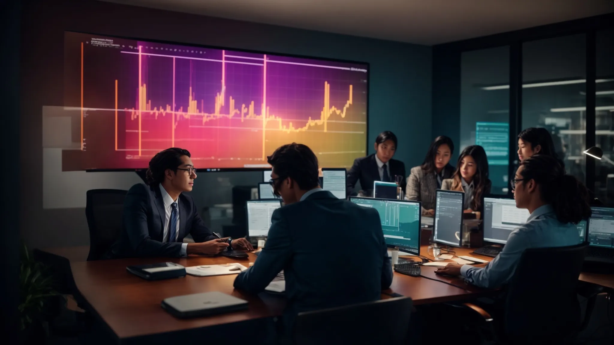 a group of marketing professionals gathered around a glowing computer screen, analyzing colorful graphs and social media profiles.