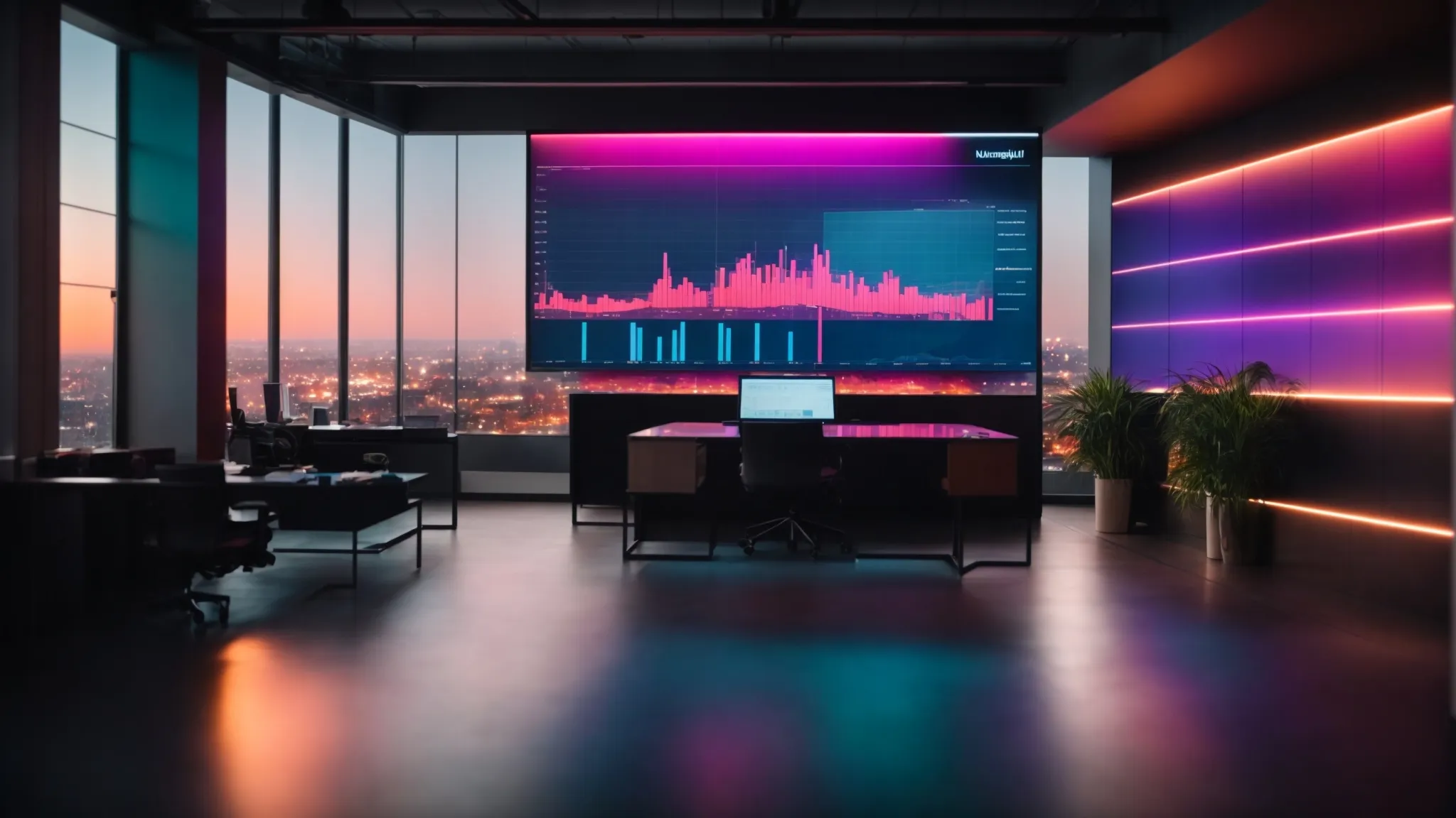 a sleek, modern office space illuminated by soft, ambient lighting, with a large, digital data visualization screen dominating the back wall, highlighting dynamic charts and graphs in vibrant colors.