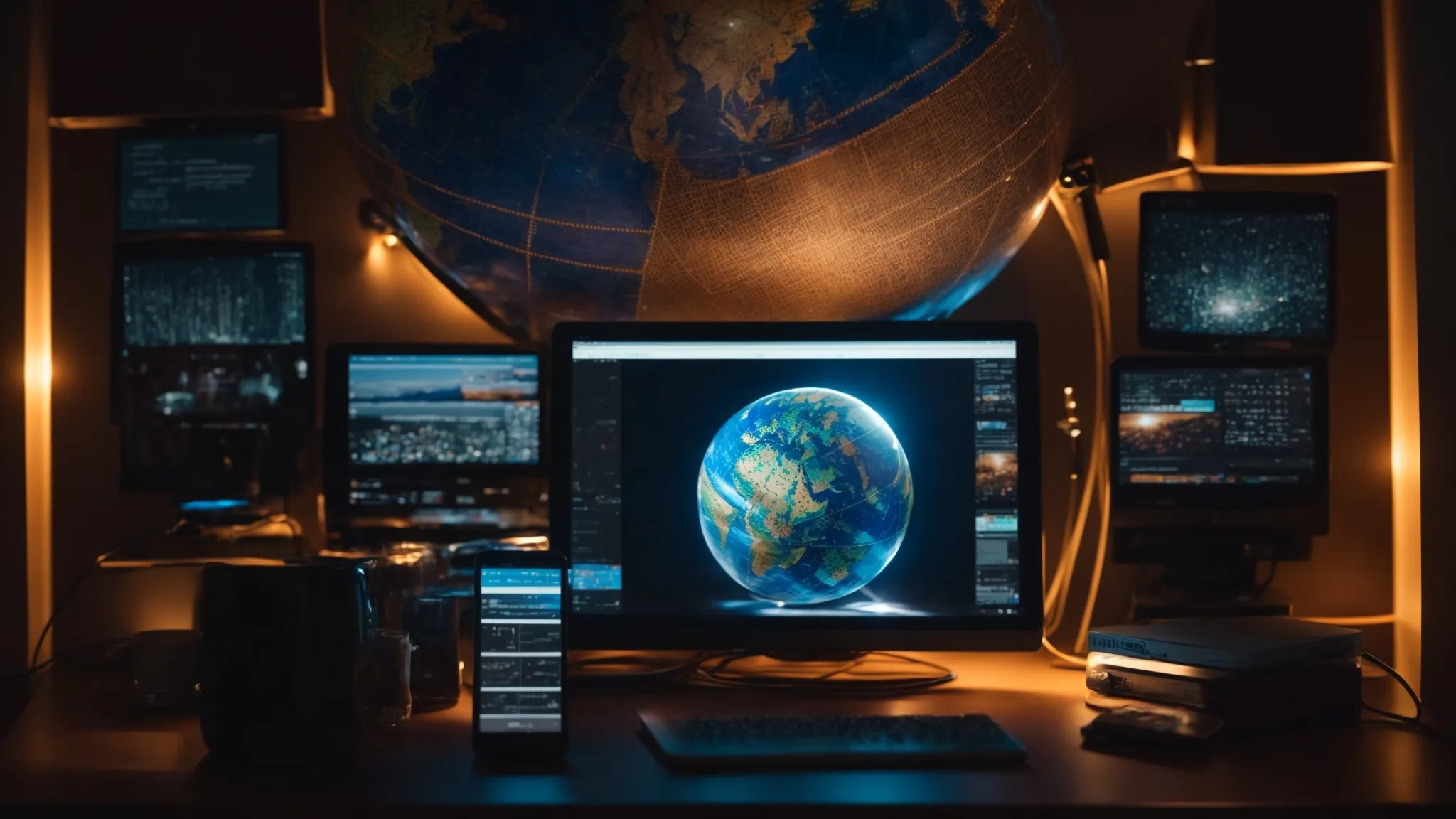 a glowing globe surrounded by various digital devices displaying web pages, illuminating a dimly lit room.