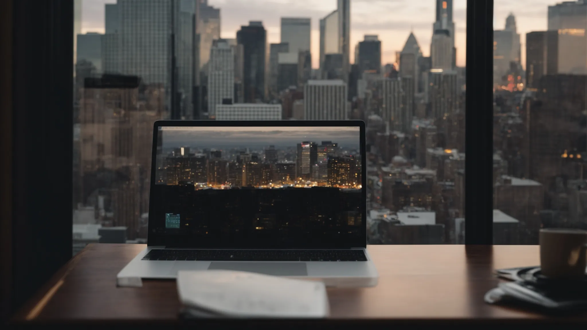 a laptop open on a table, with a bustling cityscape visible through the window behind it.