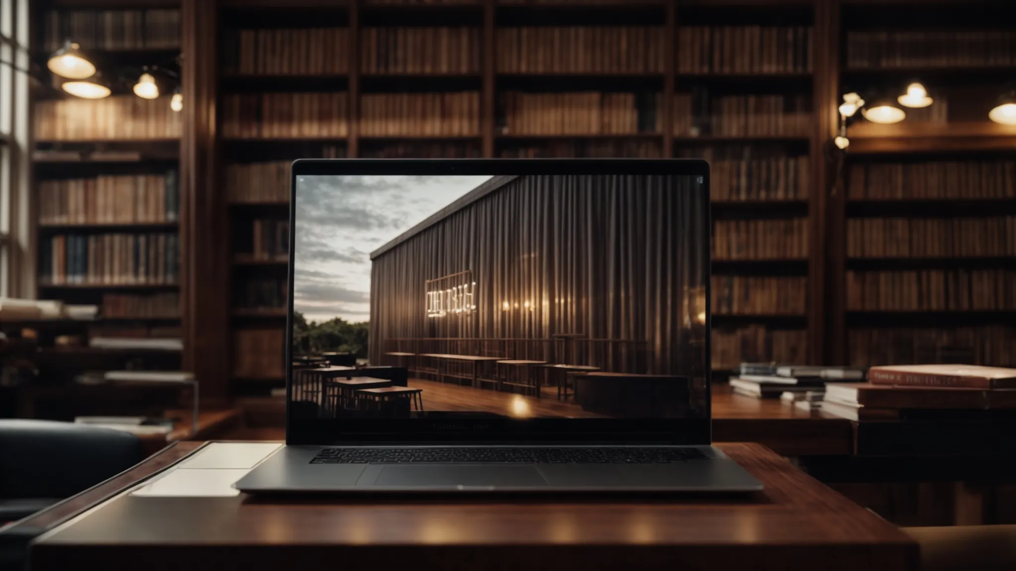 a laptop open on a desk with a large library in the background, symbolizing the gathering of knowledge for digital optimization.