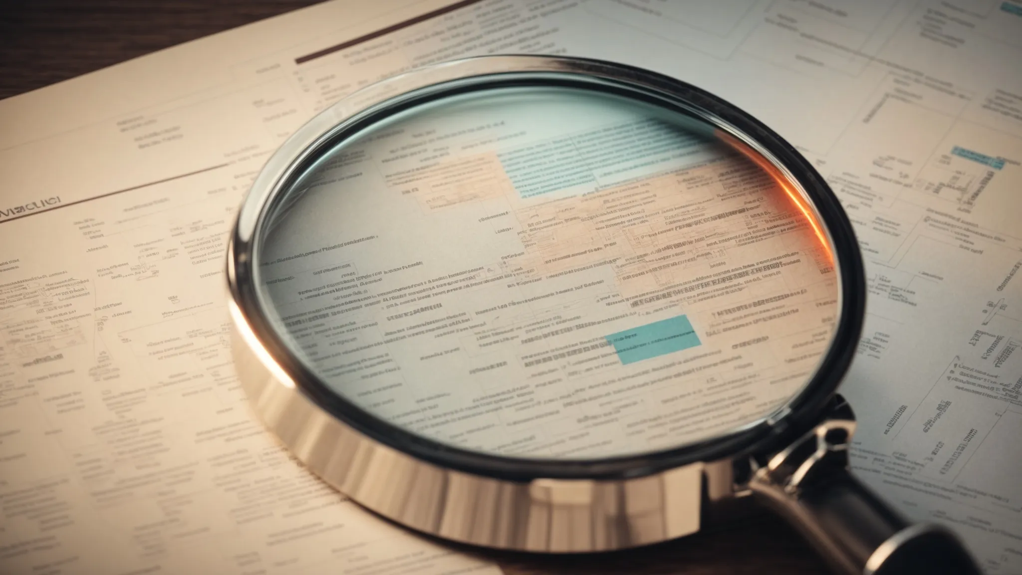 a magnifying glass hovering over a complex web diagram illustrating various seo strategies.