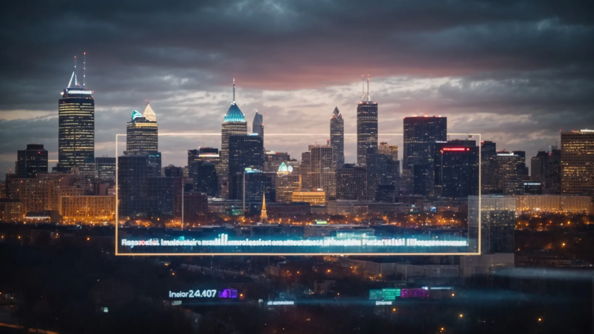 a screen displaying colorful graphs and charts that analyze social media performance, with the indianapolis skyline in the background.