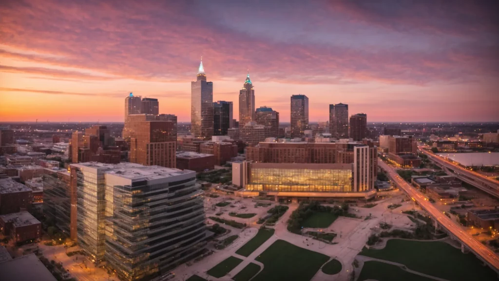 a view over indianapolis skyline at sunset, highlighting a blend of historic and modern architecture against a vibrant sky.