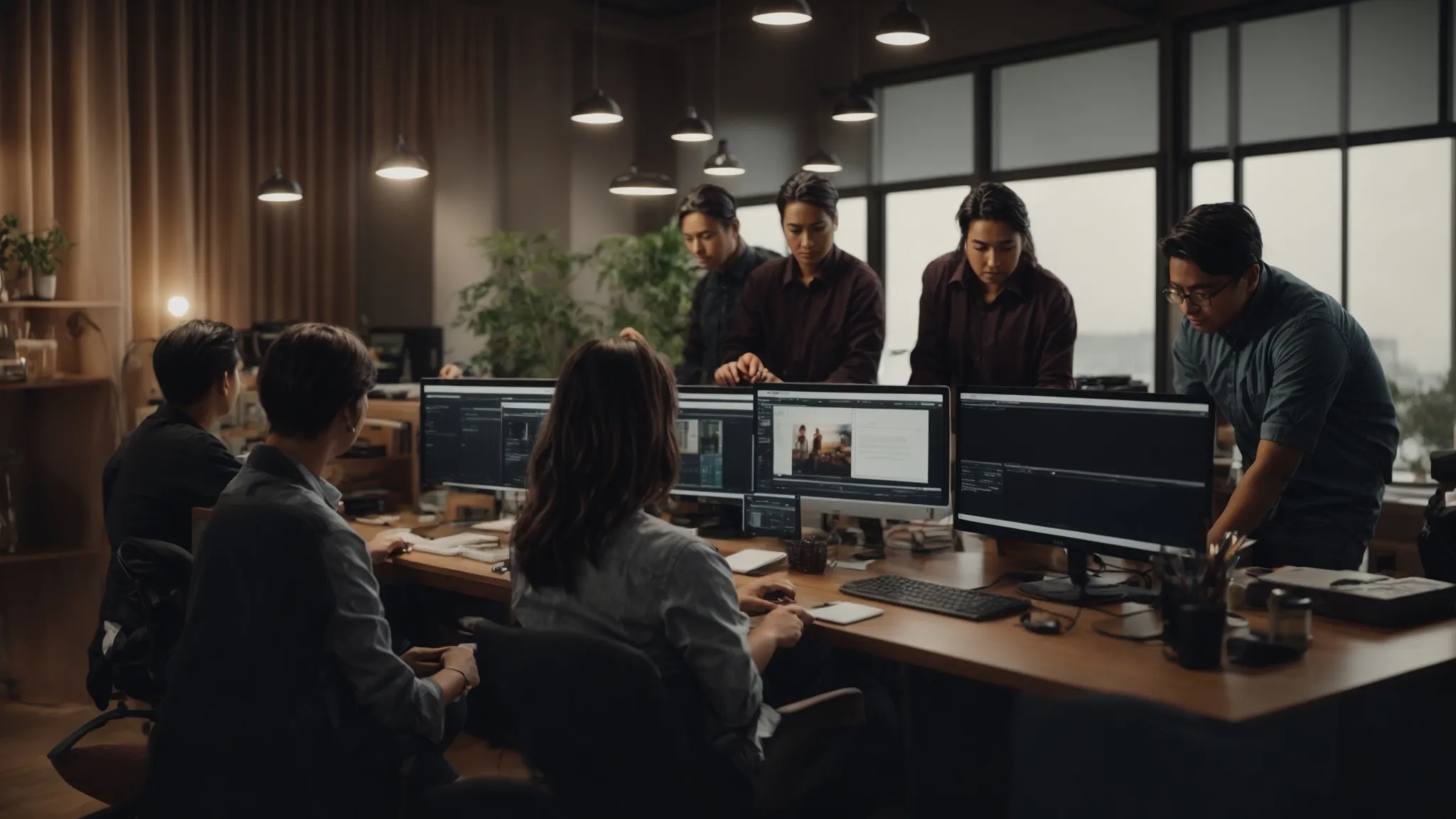 a team of creative professionals gathers around a computer, actively engaged in editing a promotional video.