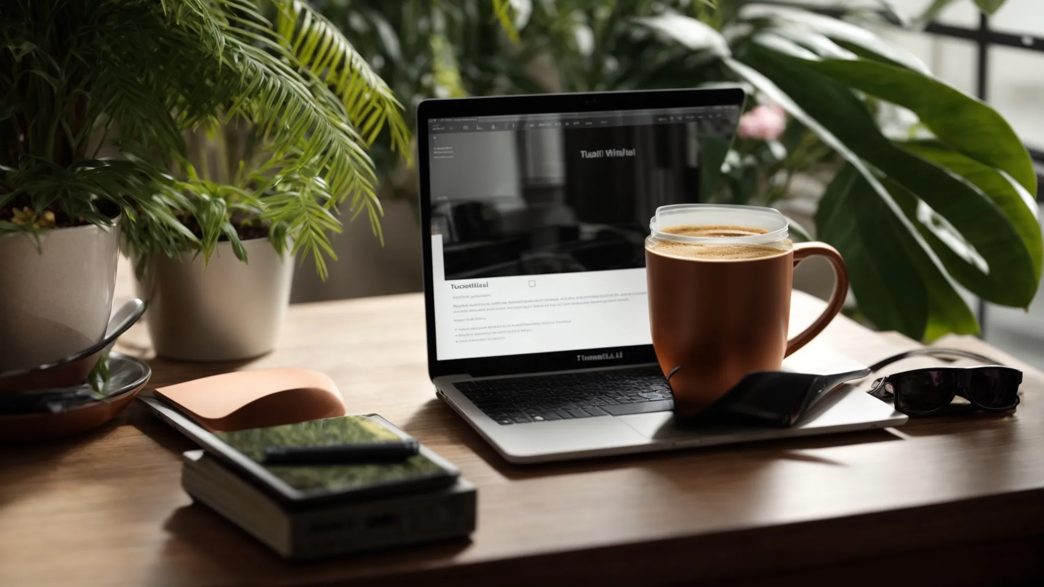 a laptop open on a desk displaying an inviting webinar page, surrounded by a notepad, a cup of coffee, and a vibrant indoor plant.