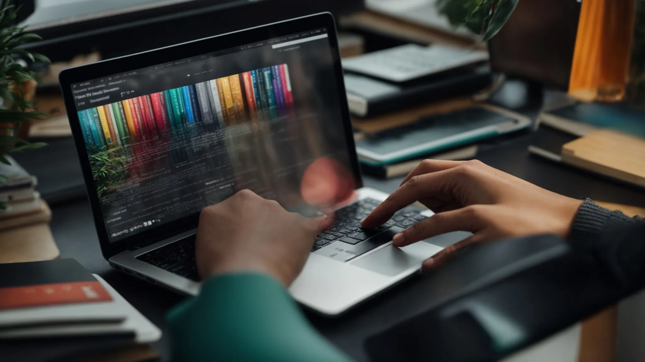 a person typing on a laptop with open seo analytics on the screen, surrounded by stacks of colorful books and a plant.