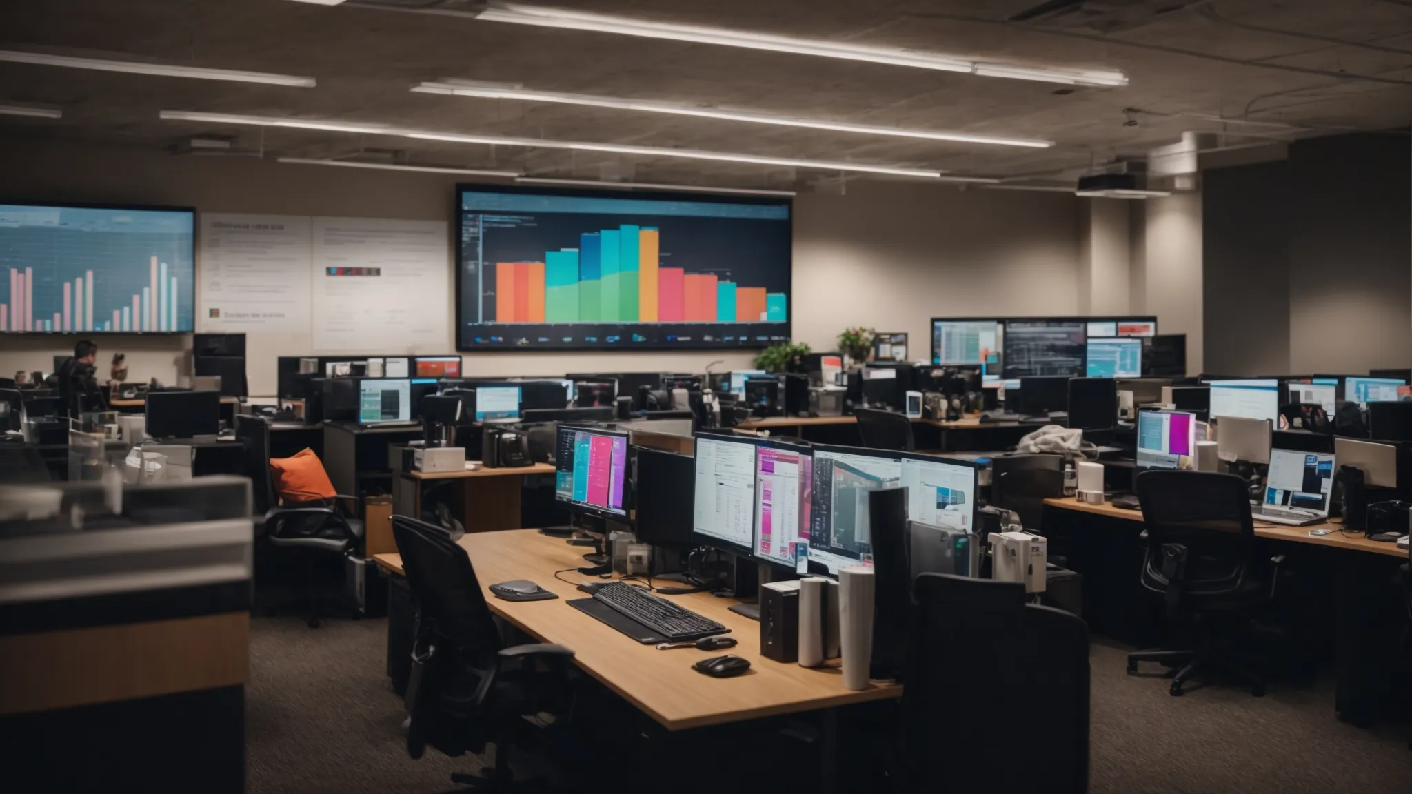 a bustling digital marketing office in indianapolis filled with multiple computer screens displaying colorful social media analytics graphs.