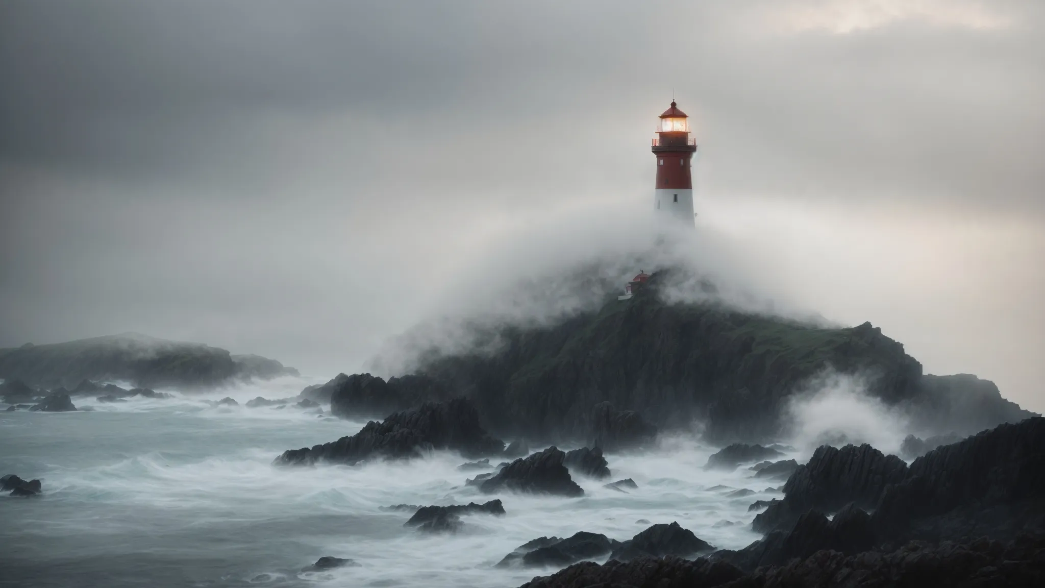 a bright lighthouse stands tall on a rocky coastline, its beam cutting through dense fog, guiding ships safely to shore.