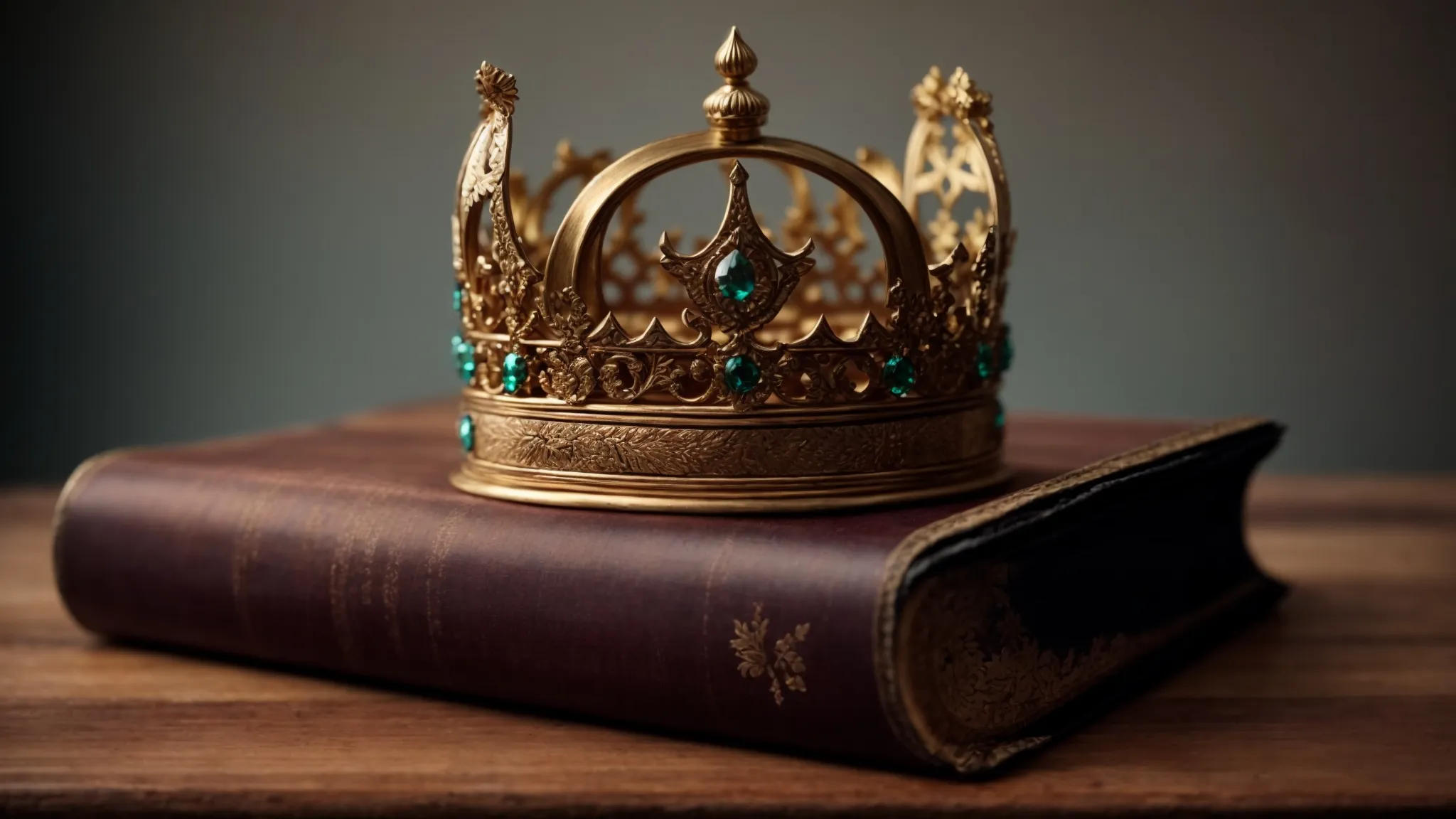 a view of a large, ornate crown resting atop an open, antique book lying on a wooden table.