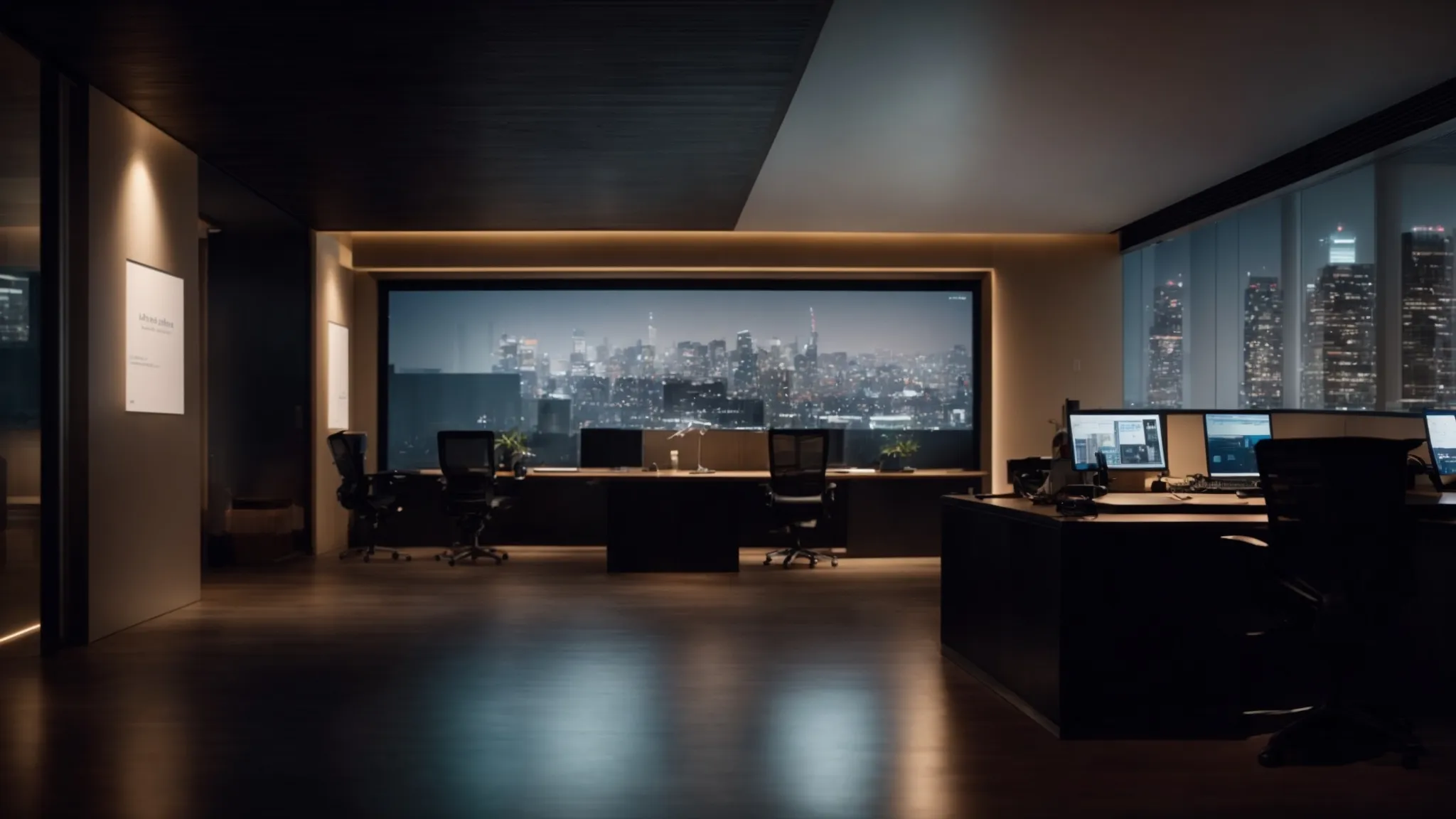 a sleek, modern office with a large, glowing computer screen showcasing a complex web page layout in a dimly lit room.