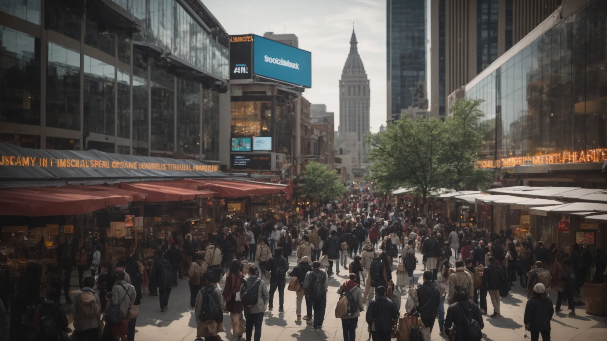 a bustling indianapolis market street bustling with digital screens showcasing social media trends and analytics graphs amidst shops.