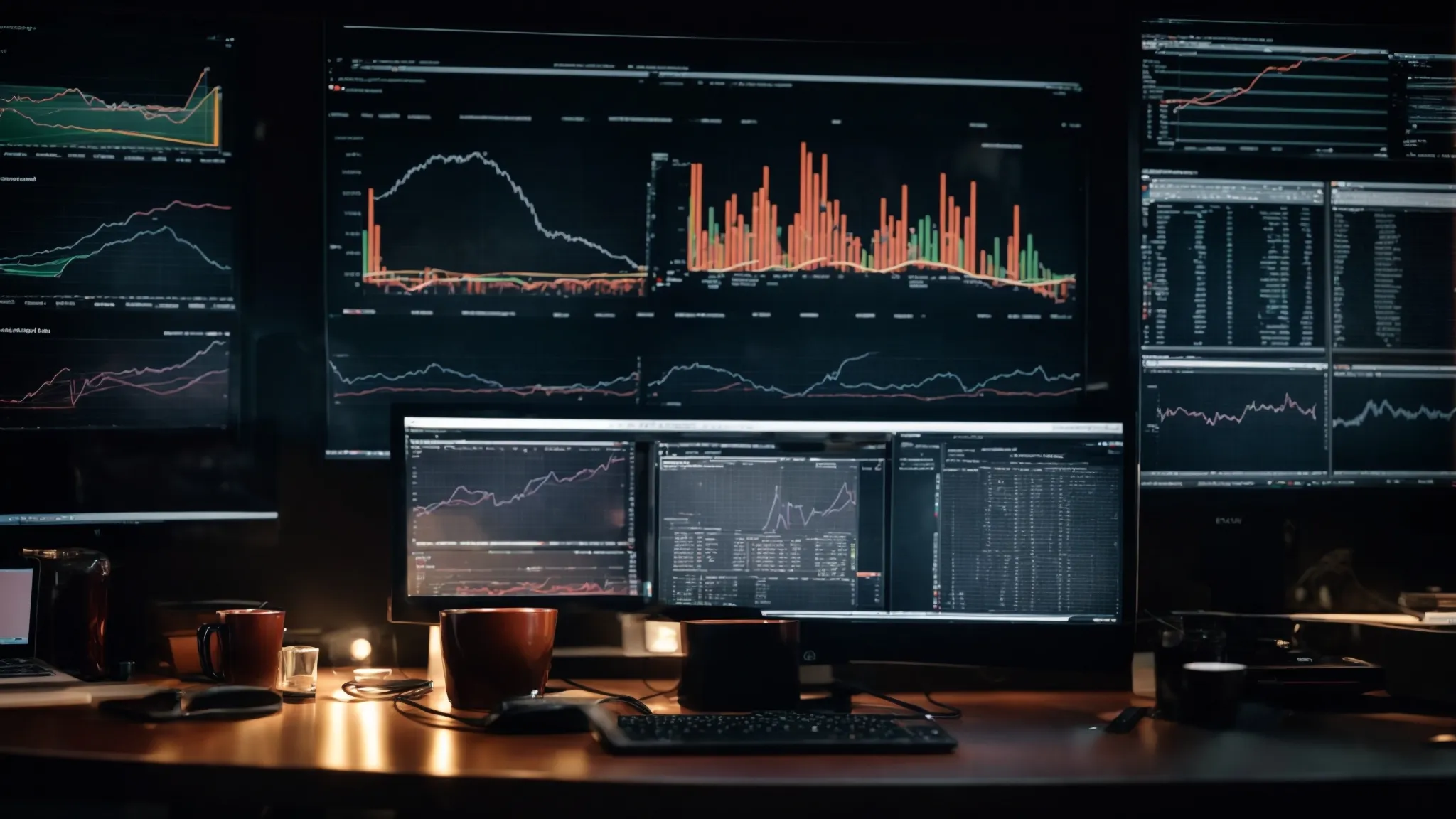 a computer screen displays complex marketing analytics graphs and charts, illuminating a dimly lit office space.