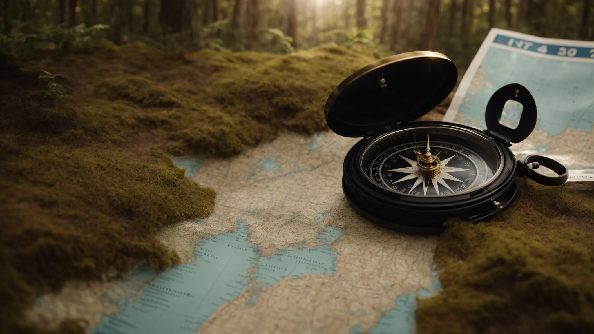 a compass resting next to an open map, highlighting diverging paths in a forest.