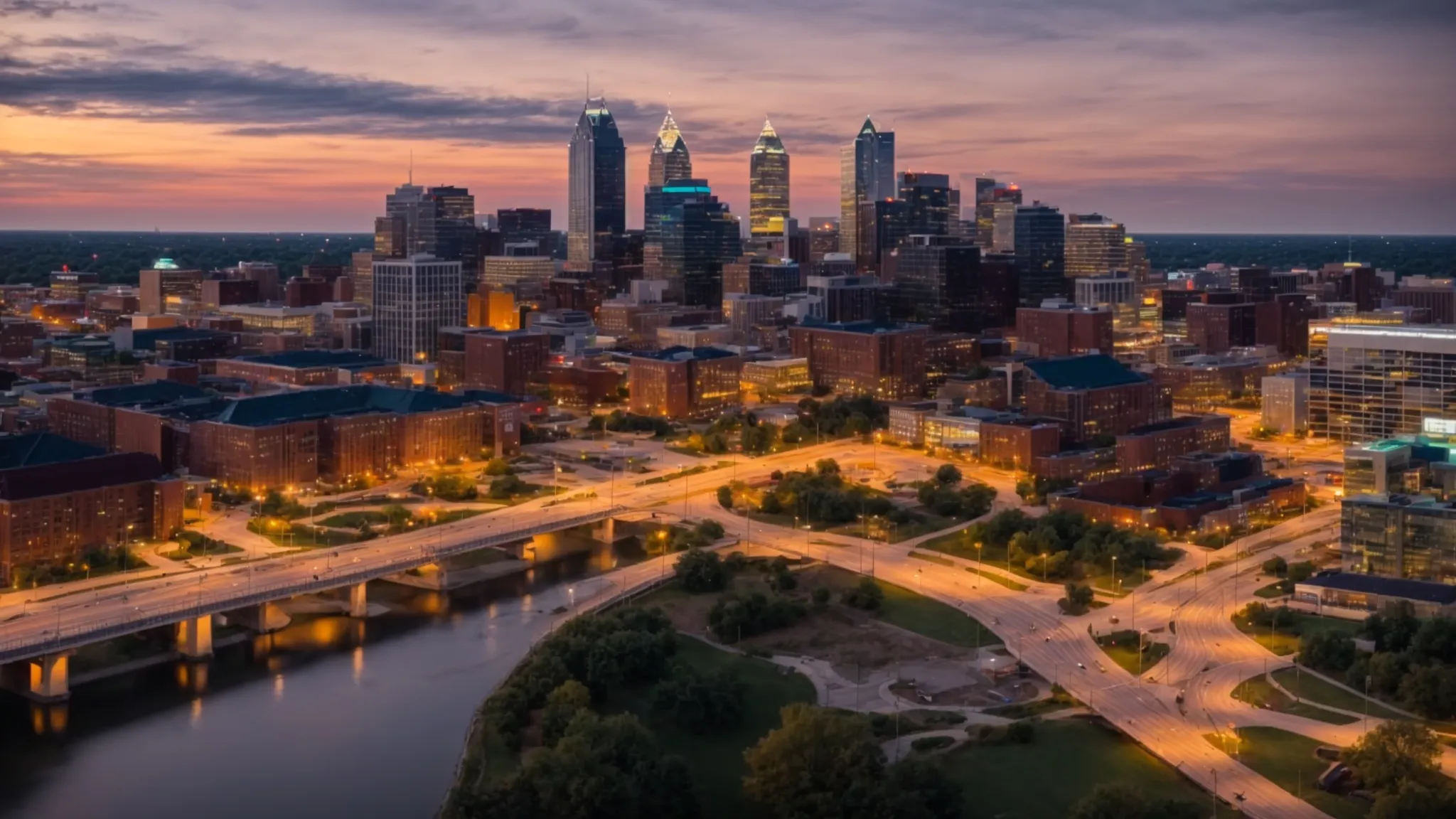 a panoramic view of indianapolis' skyline at dusk, highlighting the vibrant city life against a backdrop of serene skies.