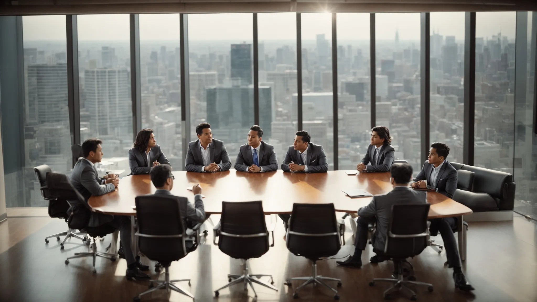 a dynamic group of entrepreneurs gather around a conference table, exchanging ideas in a well-lit room overlooking the indianapolis skyline.