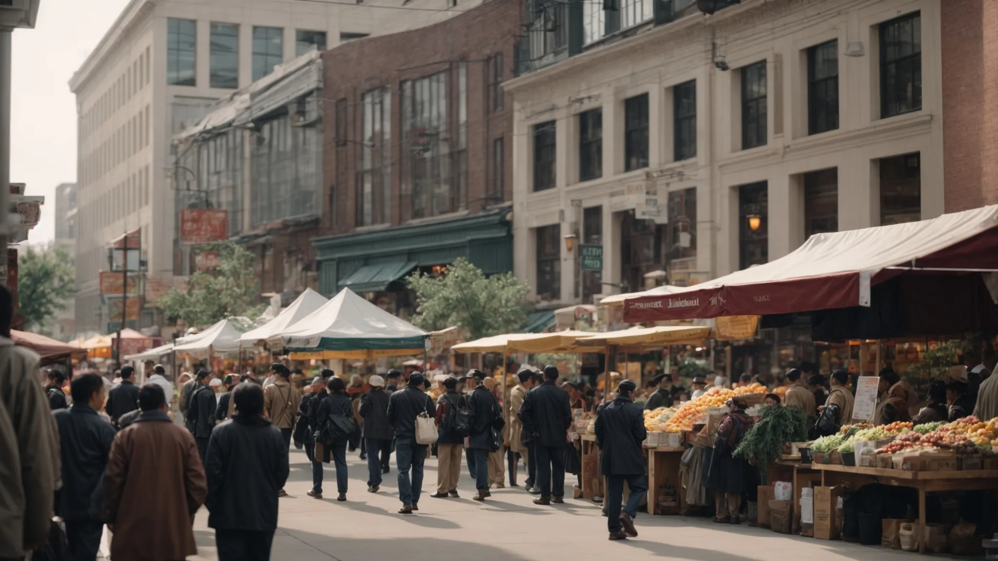 a bustling indianapolis market scene with diverse crowds interacting with various local storefronts.