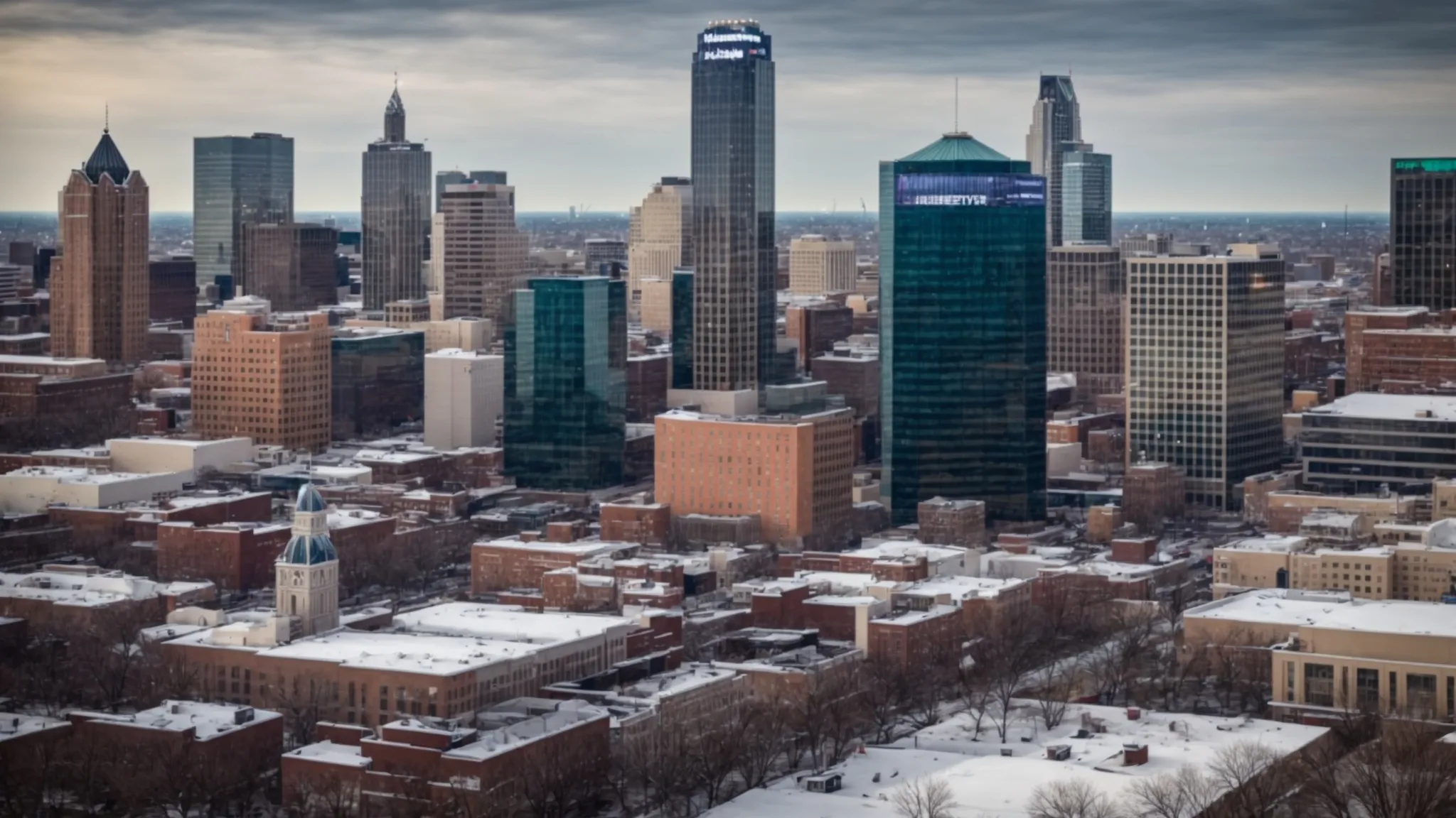 a panoramic view of indianapolis skyline with interactive digital marketing screens displaying analytics and graphs amidst the cityscape.