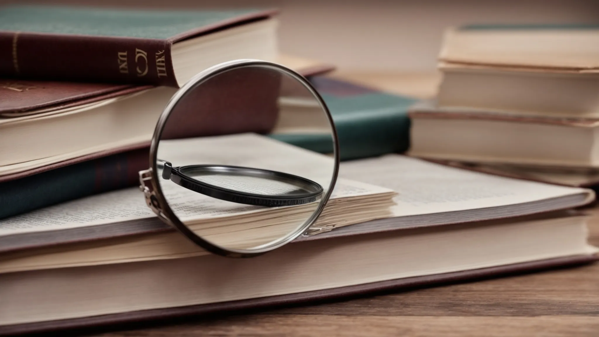 a stack of books on seo and accessibility lying beside a magnifying glass on a wooden desk.